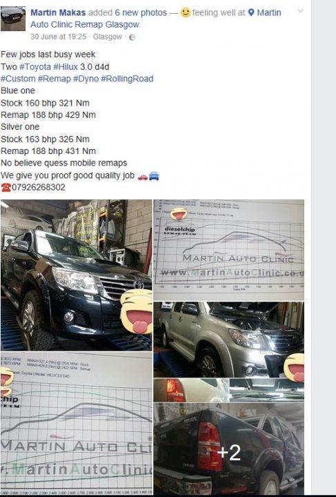 Remapping a 3.0 Toyota D4-D engine? - Page 1 - Off Road - PistonHeads - The image is a screenshot of a social media post featuring a car with the text "Martin Auto Clinic" written on its windshield. The post is of a type commonly known as "carfest," which shows before and after photos of a vehicle after work. It includes details of the work done, such as "custom Toyota Hilux 3.0" and mentions stop and go work as well as rear and side windows. The post also contains the social media handle of the clinic and the price of the services provided.