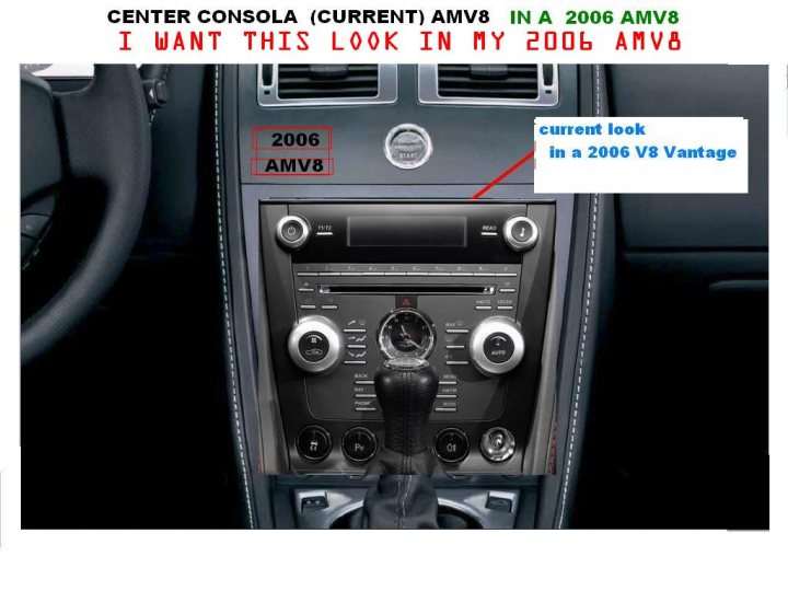 i want to put the current console AMV8 in 2006 AMV8  - Page 1 - Aston Martin - PistonHeads - The image features the interior of a car, specifically the car's center console (AM/FM area). A voice-over text in Arabic inconsistently mentions in A 2006 AM/FMV and 2006 AMV8 alternatively, suggesting a desire for a change in the controls of this audio system, possibly to a 2006 radio. The car's interior lights are on, illuminating the silver and black controls and switches. The windshield wiper blades are visible, indicating proper functioning of the wiper system.