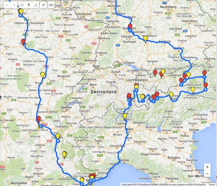 European trip, am I missing anything? - Page 2 - Roads - PistonHeads - The image displays a screenshot of a map showing a route journey. There are several pins and dots of various colors indicating stops along the way. The map is oriented in a way that the viewer is looking from the east towards the west, and it covers a vast region with cities and towns labeled. There's a blue line that follows a specific route through the various points. The style of the image is similar to what one might find on a mapping application, with legend and scale details at the bottom.