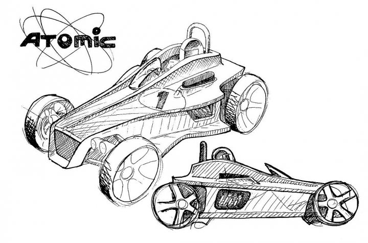 Atomic Pistonheads Mev - The image is a black and white line drawing of two futuristic atomic-energy-powered go-carts. The top cart has a large, prominent loop or fighting ring attached to the front. Below, a smaller, more streamlined go-cart looks faster and more aerodynamic. Both are stylized with bold lines, giving a sense of speed and power. The word "ATOMIC" is at the top left corner, hinting at the theme or title of the drawing.