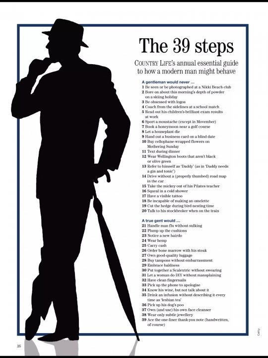 Pistonheads - The image is a poster with a black and white silhouette of a man in a suit holding a hat, appearing to be in deep thought or contemplation. The background is a simple solid color. At the bottom of the poster, there is text listing "The 36 Steps" followed by a list of items under each step, which seems to be a guide or checklist. The style of the image suggests it could be an advertisement or an informational piece about self-improvement or personal development.