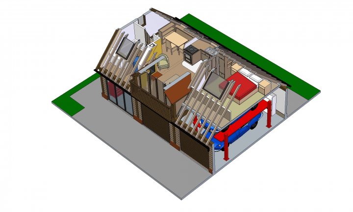 Oak frame garage build - Page 1 - Homes, Gardens and DIY - PistonHeads - This image presents a 3D rendering of a house under construction. The house appears to be in an advanced stage of completion, with visible structural elements such as walls and possibly some roofing materials. Various tools and construction equipment can be seen around the structure, suggesting ongoing work. There's a small red object on the right side that could be part of the construction process or equipment. The image is a digital rendering, providing a clear view of the building design before it is completed.