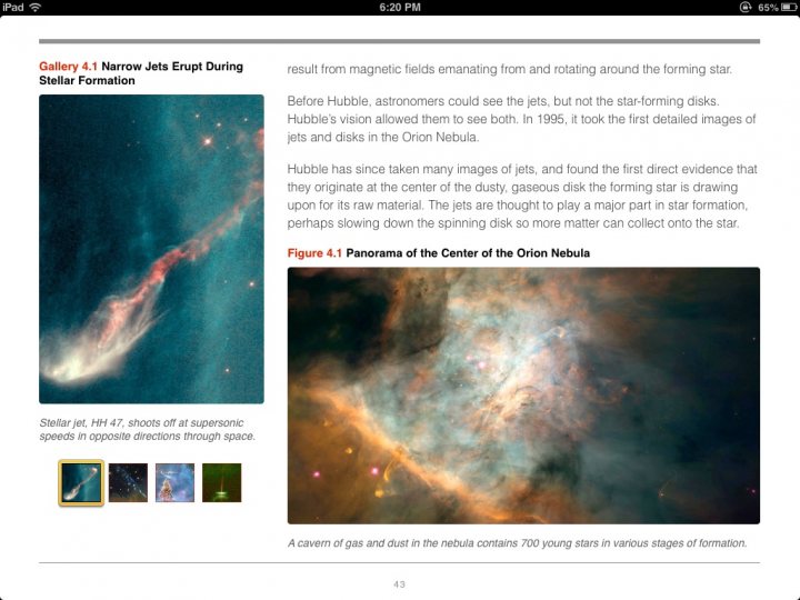 Free NASA book about Hubble on iBooks store... - Page 1 - Science! - PistonHeads - The image shows a screenshot of a smartphone's digital display of a web page. The webpage features an in-depth article with text, specifically discussing the Panorama of the Center of the Orion Nebula. There are images on the page, including a photo of a nebula taken by an astronomer's instrument, and diagrams and representations of astronomical events. The screenshot also includes a navigation bar at the bottom of the image with various icons, indicating the user interface of the browser application.