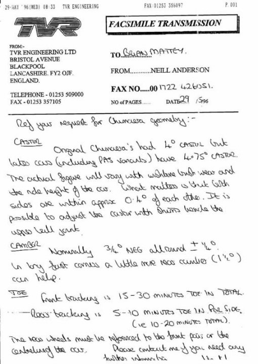 4 wheel alignment specs  - Page 1 - Chimaera - PistonHeads - The image is a photocopied document, written in black ink on white paper, resembling a letter of communication or email. It contains contact information and a letter addressed to "AN MATTERY". The text includes references to a product ("Original Chocolate") and instructions for cascading gears. The document conveys specific details about a product design modification, specifically mentioning a change in the corner of the "+46" castor gear from 4 to 5 inches. This suggests it is related to the engineering of gears, possibly for a specific application. The mention of electricals in the context of chocolate hints at the hypothetical application of the gear change. The document also includes a hand-drawn diagram or sketch, possibly related to the gear modification process.