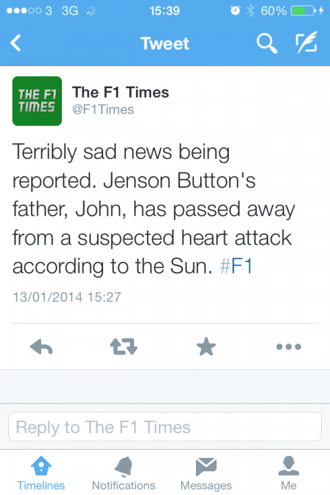 Pistonheads - This image is a screenshot of a tweet from the account @TheFITimes, which is known for reporting on Formula 1. The tweet contained a report that Jenison Button, a Formula 1 driver, has passed away. The text of the tweet suggests that it is a serious and solemn announcement. The tweet was timestamped at 13:02 and received a reply and some menu options, indicating a social media interface.