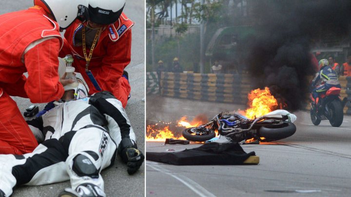 A man sitting on the ground with a skateboard - Pistonheads - The image presents a dramatic scene on a city street. In the top half, two individuals in vibrant red suits are attending to a motorcyclist who has crashed off the street and onto the ground. The motorcyclist appears dazed, lying on the asphalt amongst the debris of the crash. 

In the lower half, a few blocks away, another motorcyclist has also been involved in an accident. This rider is in mid-air, hitting a banister, creating a cloud of dust around the site of the crash. The tension of these two incidents is palpable.