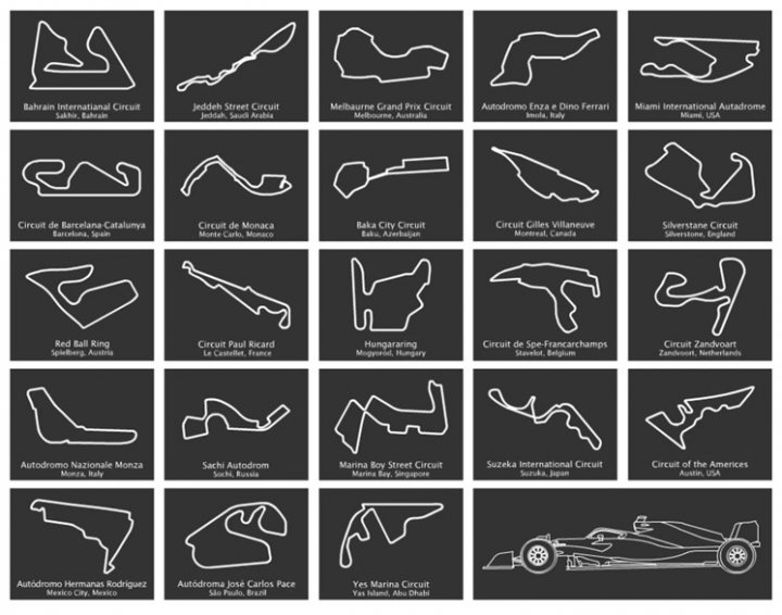 RE: F1 returns to Las Vegas after 40 years - Page 1 - General Gassing - PistonHeads UK - The image displays a collection of stylized race track diagrams against a dark background. There are 13 tracks in total, each varying in design complexity and the number of bends. They appear to be arranged as a grid with three rows and four columns, and some tracks overlap each other at the corners. The style of the image is graphic and schematic, emphasizing form over realism. The image has no visible text or branding that would provide additional context.