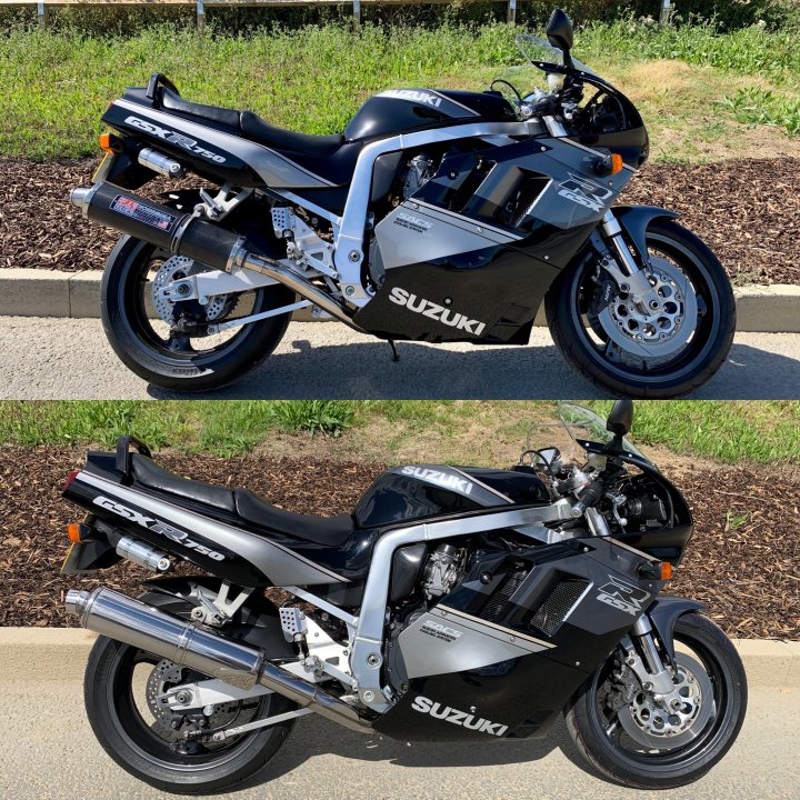 A picture a day....biker banter (Vol 5) - Page 366 - Biker Banter - PistonHeads - The image is a diptych showing two different views of the same motorcycle. In both photos, the motorcycle is black and features white accents and the Suzuki logo. It's parked on a paved surface. The motorcycle appears to be in good condition, with shiny components visible. There is no text present on the motorcycle or in the image.