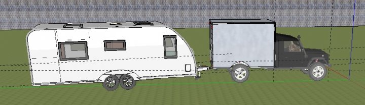 A load of 4x4 ex army truck questions. - Page 1 - Commercial Break - PistonHeads - The image displays a digital or graphic rendering of a recreational vehicle and a truck. The truck is depicted towining the camper; however, there is abnormal height apparent, as the camper seems to be floating above the truck's cab due to a visual artifact or perspective illusion. This distortion is due to the camper's position and the angle at which the image was taken or rendered. The image gives the impression that the truck and camper are elevated on a platform or that there is a significant height difference between the level where the camper is placed and the ground. The style of the image is more digital art than a realistic photograph, largely due to the inconsistency of the perspective and the stylized representation of the vehicles.