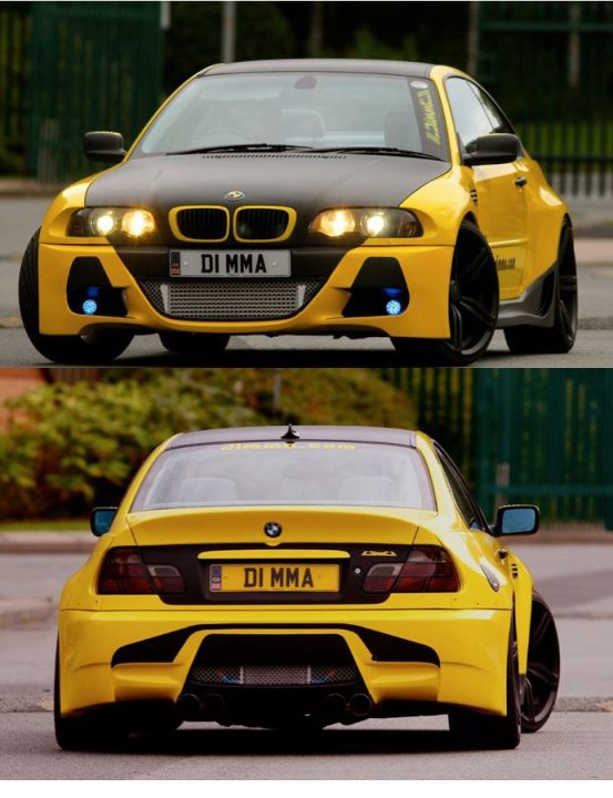 Dimma are back! - Page 1 - General Gassing - PistonHeads - The image is a composite of two different pictures. On the left side, we see a side view of a sports car, primarily yellow in color with black accents, including the rims and front bumper. The vehicle is a convertible, as indicated by the visible soft-top roof. The right side of the image appears to be a smaller, similar car but in motion, suggesting it could be the same model in use rather than parked. The background in both photos is consistent with a street or track, with a slight blur that conveys speed or movement. There is a visible text "Di Mma" on the license plate of the stationary car. The overall style of the image suggests a focus on the vehicles, potentially highlighting a feature of the cars, their design, or performance.