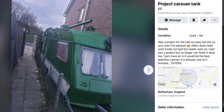 A bit council (Vol 5) - Page 326 - The Lounge - PistonHeads UK - The image shows a screenshot of a social media post on an app, possibly Instagram. At the center of the post is a large vehicle, which appears to be a tanker, parked next to a building with a sign that reads "PROJECT CARAVAN". Below the photo of the tanker, there's text from a conversation indicating someone is discussing project plans and asking about the color of the tanker. On the right side of the screenshot, there's an icon or symbol that looks like a person's face with a speech bubble. The background of the image includes a glimpse of another vehicle and some building elements.