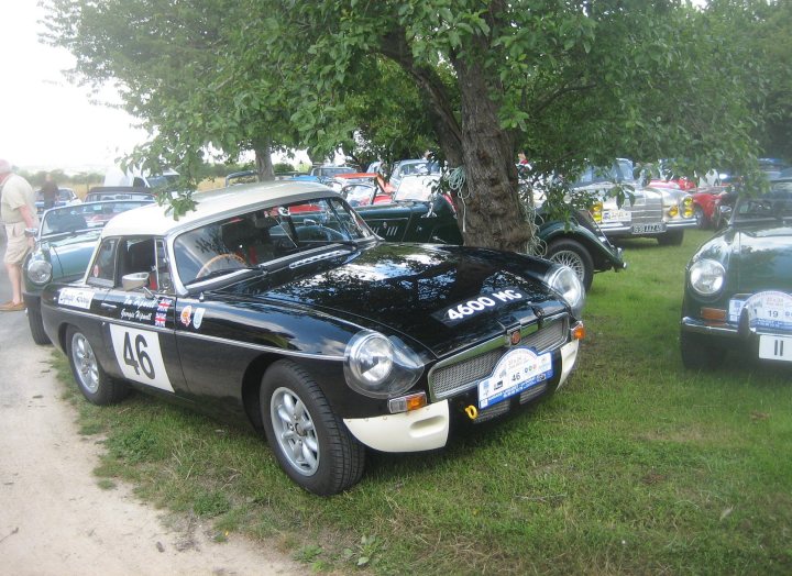 COOL CLASSIC CAR SPOTTERS POST!!! - Page 259 - Classic Cars and Yesterday's Heroes - PistonHeads - The image depicts a classic, black and white, race car parked on grass, surrounded by other vintage cars. The car has the number "46" prominently displayed on its side. There are a few people standing in the background, which suggests that this might be a car show or an event involving these classic vehicles. The perspective of the photo suggests it was taken by someone standing a little distance away from the car's front, capturing the car and the setting in a scenic view.