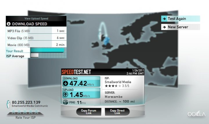 Wont Hit Pistonheads - The image shows a computer interface displaying a speed test being conducted on an internet service speed test network. The results of the speed test are prominently visible, showing values for download and upload speed as 47.42 Mbps and 1.45 Mbps respectively, along with the IP address and server name. The interface also includes a button labeled 'Copy Forum Link' at the bottom, suggesting provision for sharing speed test results. The format of the interface suggests it may be related to software such as Speedtest.net or other tools that measure internet connection speed.