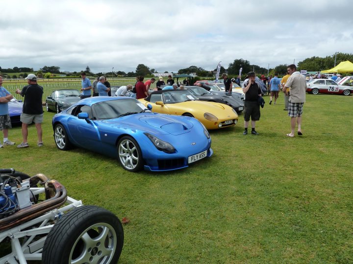 TVR Sagaris in NZ - Page 1 - New Zealand - PistonHeads - The image portrays a lively scene at a car show. The grassy field is teeming with people who are scattered throughout the area, mingling and admiring the cars on display. The focal point of the image is a group of sports cars lined up in a row on the grassy field. The cars are sleek and well-maintained, showcasing a variety of designs and colors. A few people can be seen near the cars, likely their owners or enthusiasts, taking photos or discussing the cars. The clear skies and open field suggest a casual and relaxed atmosphere, typical of a car show or exhibition.