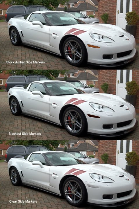 Clear side markers C6 - anyone got some? - Page 1 - Corvettes - PistonHeads - The image showcases a white Corvette convertible parked on a brick driveway with different angles of the same car. There are four doors of the image representing clear side markers, blockout side markers, and clear side markers. The car is sleek and shiny, with a smooth white paint job and black tires. In the background, there are other cars and a residential house, suggesting a suburban setting.