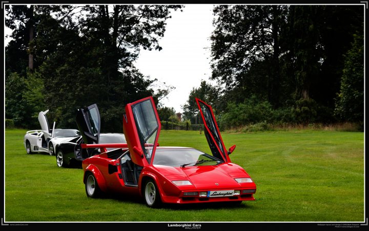 Countach  - Page 13 - Lamborghini Classics - PistonHeads - The image captures a serene outdoor scene with an open convertible sports car as the focal point. The sports car, painted in a vibrant red, is parked on a lush green grassy area. The top of the car is down, revealing a well-maintained interior. In the background, other sports cars can be seen parked, adding to the upscale and luxury ambiance. The forest in the distance completes the picturesque setting.