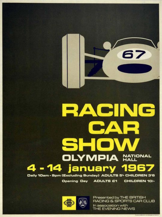 Old car ads from magazines & newspapers - Page 86 - Classic Cars and Yesterday's Heroes - PistonHeads UK - The image is a vintage-style poster advertising the "Racing Car Show". It prominently features a racing car, suggesting that this event may be related to automotive history or a racing exhibition. The text on the poster provides details about the show's date and location. The poster also includes an illustration of a race car, reinforcing the theme of racing cars in the event. A small car is depicted on the poster, further emphasizing the automotive theme. The overall design of the poster suggests that it may be from a past era, possibly the 1960s or 1970s, and it conveys information about an upcoming public event related to racing cars.