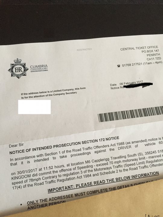 Can I do 78mph on Motorway? - Page 4 - Speed, Plod & the Law - PistonHeads - The image shows a formal narrative of a central ticket office Notice of Intended Prosecution (NIP) from Cumbria Constabulary. It was sent to the driver of a vehicle that took a wrong turn onto the M69 and then proceeded across the Kingstown Road Traffic Enforcement Station 05 collar. The notice cites a breach of Section 172 of the Road Traffic Offenders Act 1988 as the reason for the intended prosecution. The driver is asked to take appropriate action, clearly stating the importance of reading the notice and emphasizing the need to complete the details by providing the ticket's details number and date where not already filled in. The yellow paper on the bottom right corner of the image carries a government stamp, suggesting it is an official document.