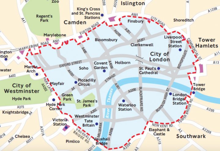 ULEZ charge in 2021 - Page 28 - General Gassing - PistonHeads - The image is a colorful map of a section of a city, centrally marked with a circle that is labeled "City of London." Within the circle, various streets, buildings, and landmarks are labeled, such as "King's Cross Station," "St. James's Park," "Waterloo Bridge," "Tower Bridge," and "Westminster Abbey." The map also shows parts of "Canden," "Islington," and some other streets outside the central circle, indicating that the map could represent a central part of London surrounded by some of its surrounding areas. The map contains both roads and rivers, including the River Thames, and is typically used for navigation or to familiarize oneself with the layout of the city.