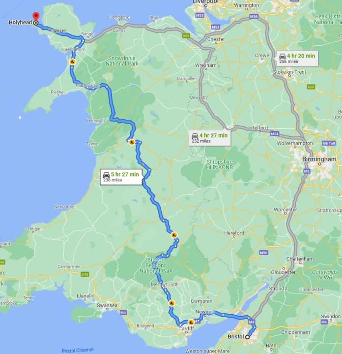 Best Route Bristol to Holyhead - Page 1 - Roads - PistonHeads UK - The image displays a map of a road trip across Northern Ireland, showing the route as well as the distances between each destination. The map highlights various locations along the journey, including the starting point at Belfast and other stops such as Ballynahinch, Newry, Rostrevor, and Portavogie. Each stop is marked with a distance from the previous one in miles per hour (MPH), indicating that this trip covers 423 miles at an average speed of 60 MPH. The map also features geographical details like coastlines, major roads, and water bodies, providing a comprehensive view of the trip's path through Northern Ireland.