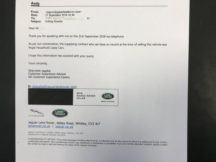 Bit of a story .. 2007 XJ 4.2 LWB Sov.. - Page 8 - Readers' Cars - PistonHeads - The image displays a formal letter written to a customer named 'Mr Andy' from Jaguar Land Rover. The letter starts with the sender sending 'reasons for communication'. The body of the letter discusses an incident regarding a sales vehicle and the resolution process. It mentions that a review of the incident is currently underway and an update will be communicated soon. Additionally, the signature 'Dharmish Jagatiani' is included, indicating the author of the letter as a Customer Experience Advisor at the UK Customer Experience Centre. The letter also contains contact information for the writer, including an email address for 'Jaguar Land Rover customer inquiries'.