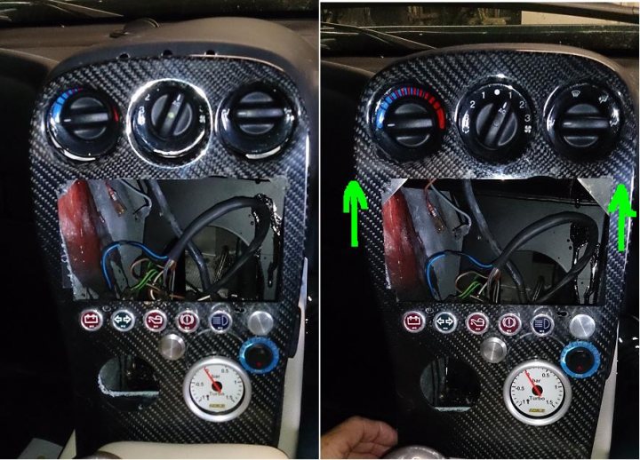 A group of different types of electronic devices - Pistonheads - The image shows two views of an instrument cluster insert with a carbon fiber look. The left side of the image displays the top side of the car's dashboard panel with several illuminated buttons, fuses, and cables. On the right side, the same panel is shown from a slightly different angle, highlighting the gauge for coolant and fuel. The gauges are in white and red colors, adding to the realism of the module. The design is sleek and modern.