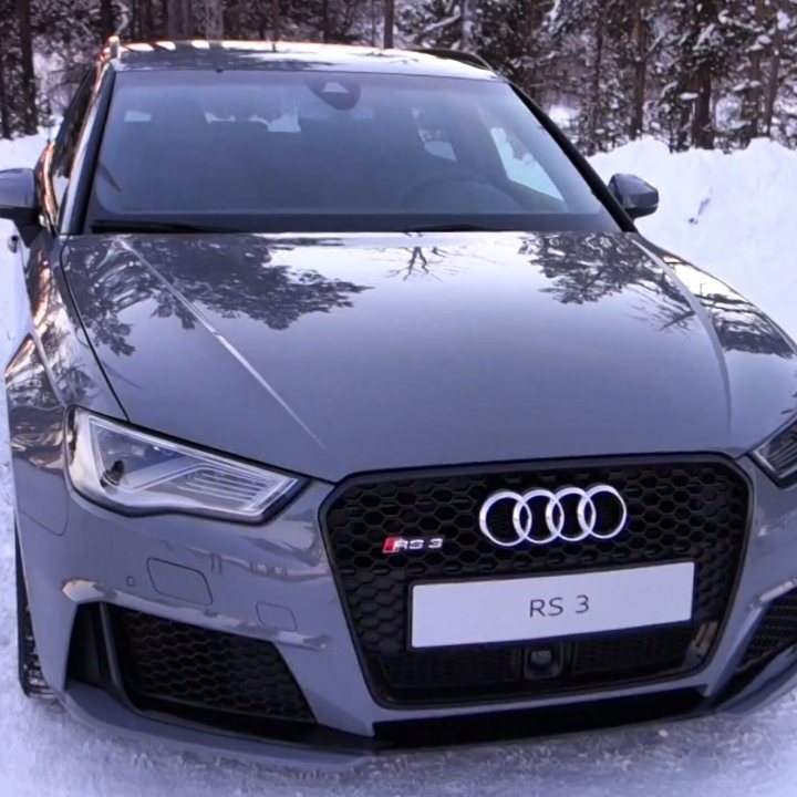 A car is parked next to a parking meter - Pistonheads - The image features a close-up of a black Audi RS3 car in a snowy landscape, particularly focused on the front bumper and license plate area. The car's design and grille are prominently showcased, with the brand's logo being clearly visible. The vehicle is parked on a snow-covered surface, as indicated by the visibility of footprints and the bright, light blue of the sky peaking through the snow-covered trees in the background.