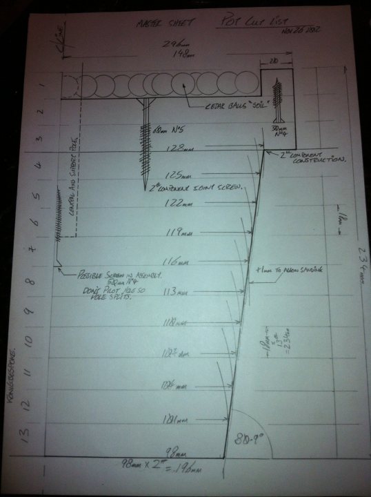 Thought I would make my Christmas Tree this year. (Pics). - Page 1 - Homes, Gardens and DIY - PistonHeads - The image shows a technical drawing or blueprint, likely from the mid-20th century as indicated by the style of the text. The drawing appears hand-drawn in black ink on a light-colored paper, which is taped to a table beneath it. The blueprint is meticulously labeled with various dimensions, numbers, marks, and descriptions, including measurements such as "24 INCHES" and "22 INCHES." It depicts a perspective view or elevation of a structure or object, with elements like doors, stairs, and dimensions outlined. The detail and precision of the drawing suggest it might be related to a professional project or used for educational purposes. Overall, it's a piece of historical architectural or technical documentation.