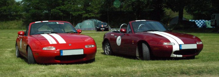 Stickering up for 2016 - Page 1 - Le Mans - PistonHeads - In an image, two striking, red, convertible sports cars are parked side by side on a grassy field. The cars, positioned on the left side of the road, are the main focus of the scene. They are adorned with white stripes on the hood, adding a touch of contrast to the vibrant red. The cars appear to be in good condition, with black tires securely attached to their aerodynamic bodies. The backdrop of the image is a serene lawn, where a few trees can be seen. Among these, a tent is visible, suggesting that this might be a park or a recreational area. The overall scene suggests a quiet, leisurely day spent in the outdoors, with the two red sports cars ready to roar into action.