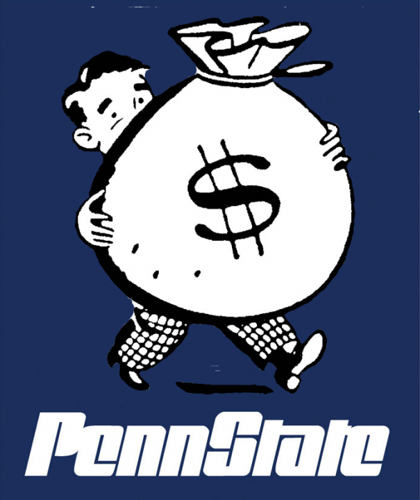 The image features a cartoon depiction of a man from behind carrying a large bag of money, labeled with "$100" prominently displayed. He is wearing a white shirt and a plaid tie, suggesting a business or financial theme. The backdrop is a contrasting dark blue, and the man is stepping towards the right side of the frame. The text "PennState" is positioned at the bottom of the image, indicating a possible affiliation or sponsorship.