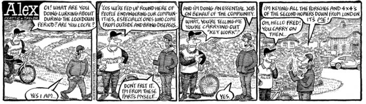 Daily Telegraph ‘Alex’ Inciting Car Crime ? - Page 1 - General Gassing - PistonHeads - The image shows a comic strip with four panels. In the first panel, there's a character labeled "Aleck" standing in front of a building with a sign that reads "NFL Football." Aleck is looking towards the building and has a thought bubble that says "I wonder how many footballs they make in here."

In the second panel, Aleck is inside the building, standing in front of a conveyor belt. The conveyor belt is transporting what appears to be footballs. Aleck looks at the process with interest, saying "Wow! I had no idea there was so much technology involved!"

The third panel shows Aleck exiting the factory and looking around, still intrigued by the operation. He comments in a thought bubble, "Who knew they made footballs this way?"

In the final panel, Aleck is back outside the factory, standing alone with a contemplative look on his face. He says, "I'm not sure I understand all of it, but I think I got the gist of it." This panel suggests that despite Aleck's initial excitement and curiosity, he may have found the manufacturing process complex or difficult to grasp fully.