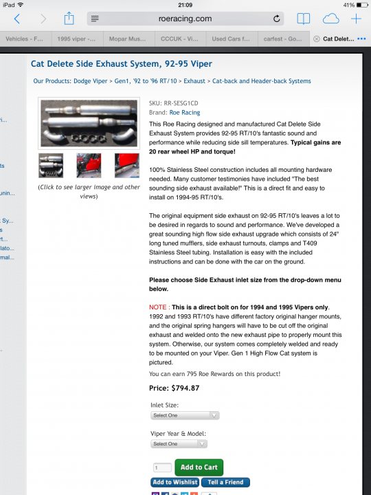 1995 viper - Page 1 - Vipers - PistonHeads - The image is a screenshot of a product detail page for a discontinued model of an exhaust system, specifically a Cat Delete Side Exhaust System with a 92" V6 Viper engine. The model is an ElKahir with a RHK option. The identification number for the model is provided at the top of the page. The page highlights the material used, which includes 75% stainless steel and aluminum for the mounting brackets. It also mentions a pour-in lube, a red tail light, and custom lengths for certain sections. Additional information on installation, specific model numbers, and pricing is available, and the product page appears to be from an online retailer.