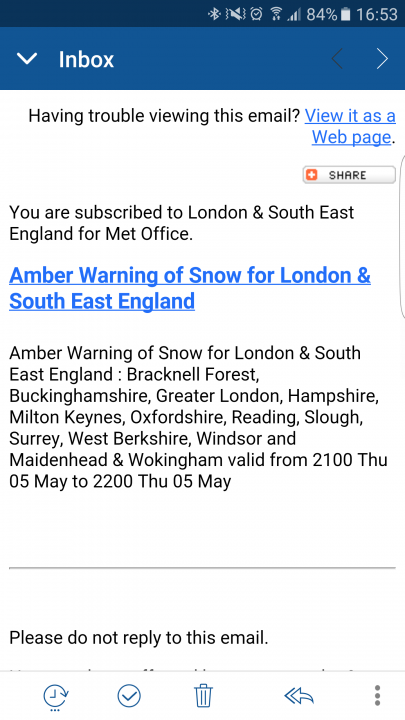 The official winter 2015/2016 snow thread. (Ahem...) - Page 86 - The Lounge - PistonHeads - The image displays a notification for a river surge in the South East of England. Specifically, it warns of an amber alert for the River Thames in Barkingsection, Greater London. Residents are advised to monitor the web page to read up-to-date advisories. The alert carries a date of May 3rd, suggesting that the situation is not during the depicted time. The lower part of the image indicates that it is being viewed on a smartphone.