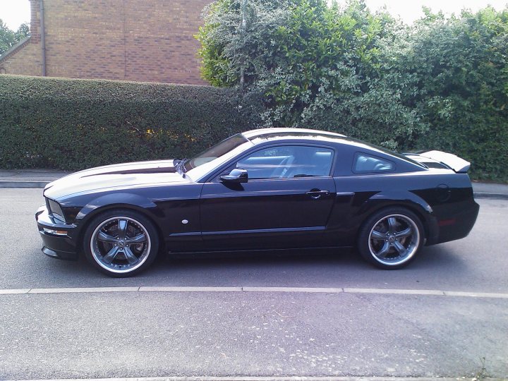 Beginners question. - Page 1 - Mustangs - PistonHeads - The image showcases a stunning black Mustang parked on the side of a road. The car is positioned on a paved parking area, making it the focal point of the scene. The road behind the car appears clean and clear, suggesting a peaceful and serene environment. A row of trees can be seen in the background, providing a natural backdrop to the road and the car. The perspective of the photo is from the front side of the car, offering a comprehensive view of the Mustang.