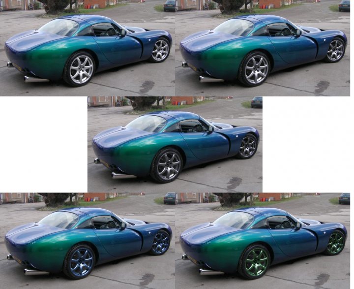 Pistonheads - The image presents a sequence of eight photos showcasing a supercar from multiple angles. The car, painted in a vibrant blue-green color, boasts large black rims and sleek aerodynamics. Its design features a long front bonus, a large rear wing, and elongated body proportions. The setting appears to be an urban environment, with urban parking visible in the background. The aim of the sequence seems to be a comprehensive visual exploration of the vehicle's design and aesthetics.