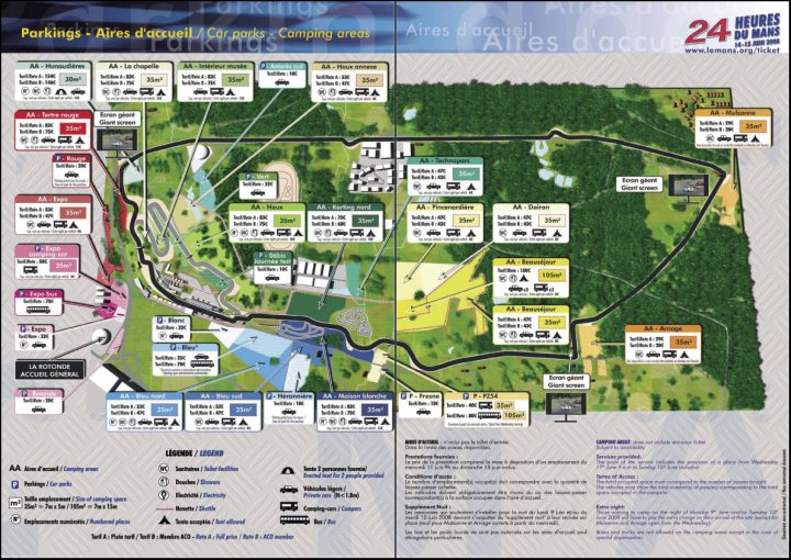 Advice Pistonheads - The image displays a detailed map of Aire des Accueils - Campsites, which marks areas for temporary parking, including charges up to 24 hours. The map shows the layout of various park areas, with symbols and leave areas bathrooms. It's divided into sections with written information detailing the facilities available, such as wheelchair accessibility, and includes a scale for distances and directions. The top right corner includes contact information (redirect) and a date (25-26 September 2004), perhaps indicating the map is dated or part of an event.