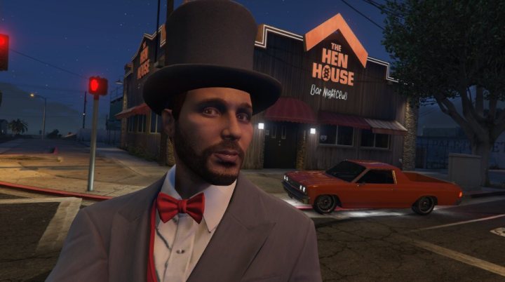 A man wearing a hat and a hat - Pistonheads - The image portrays avatar burger-king wearing a top hat, standing in what appears to be a virtual street at night. The background features a building with a lit-up sign that reads "THE HEN HOUSE" and a modified or conceptual car invoking early Americana.