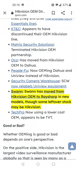 The Annual CCTV at home thread. - Page 1 - Homes, Gardens and DIY - PistonHeads UK - The image shows a computer screen displaying a webpage with an article or blog post. The title of the article appears to be "EMM Security Solutions," and it mentions "HIVISION." Below the title, there is a paragraph in English which discusses security solutions for OEMs (Original Equipment Manufacturers). A part of this text reads "HIVISION, an OEM based in the US, has moved from Hikvision to Trendnet, due to a recent incident with the latter."

The screen capture also includes a note or question, which is a prompt for the user to confirm if they have reviewed the article. This note appears above the body of the text and contains a question: "Are you sure you want to close this article?" The option provided for the user is to click on "yes" or "no."

At the bottom of the image, there's a text that says, "On the positive side, Hikvision has a large presence in the market due to its economies of scale." This statement seems unrelated to the main content of the article and could be an additional note added by the user or the system.

The overall style of the image is that of a standard computer screenshot, with the usual window controls visible at the top of the screen, indicating that the software is capable of scrolling or resizing the viewable area. The text is clear and legible, suggesting that it's meant to be read and understood by the user.