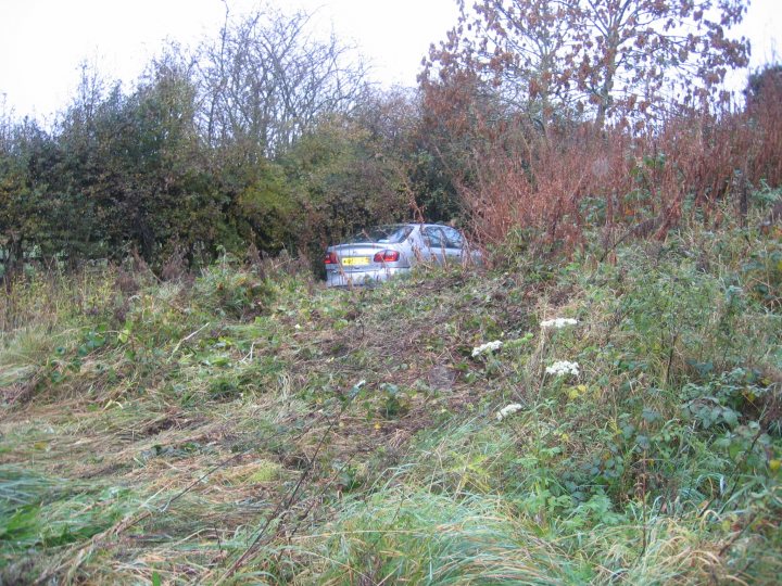 Be careful out there - Page 1 - North East - PistonHeads - The image shows a scene in a wooded or wild area. A vehicle, which appears to be a coupe or sedan, is parked or stuck on a path. The surrounding area is dense with various plants, indicating the possibility of this being a rural or less-traveled space. The plants are diverse, with what might be wildflowers in patches and grass on the ground. The sky is overcast, suggesting it could be a late afternoon or evening when the light is subdued. There is debris strewn on the path leading to the vehicle, indicating perhaps recent or forceful walking through the area.