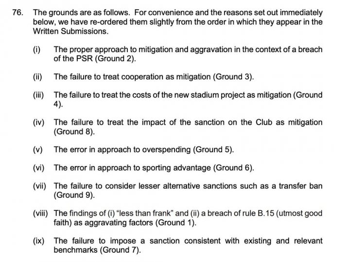 Pistonheads - The image displays a document with text written in English. At the top, it reads "78 THE GROUNDS ARE AS FOLLOWS FOR CONVENIENCE AND THE REASON SET OUT ABOVE WHICH THEY HAVE ORDERED IN WRITTEN SUBMISSIONS." Below this introduction, there are six items listed, each beginning with a number:

1. "The proper approach to mitigation and aggravation is the context of the breach"
2. "Ground 2: The PSR (Postal Service Regulation) is inappropriate in this case as it is the PSR itself that is being complained about."
3. "Ground 3: The cost of the new stadium is an unreasonable risk to our sport, our members and the wider community"
4. "The failure to take reasonable steps to prevent such an occurrence will be a direct factor in any future suspension as well as potential liability under local or national statutes."
5. "The error in the application of the rule has resulted in an unfair advantage for the club."
6. "Ground 6: The presence of 'franking' on documents that are not franked is inconsistent with standard operating procedures and could be seen as an attempt to deceive members or the public."

The text is clear and legible, with each ground itemized separately for easy reference. The document appears to be a formal communication, possibly related to sports, as indicated by the references to "stadium," "club," and "franking."