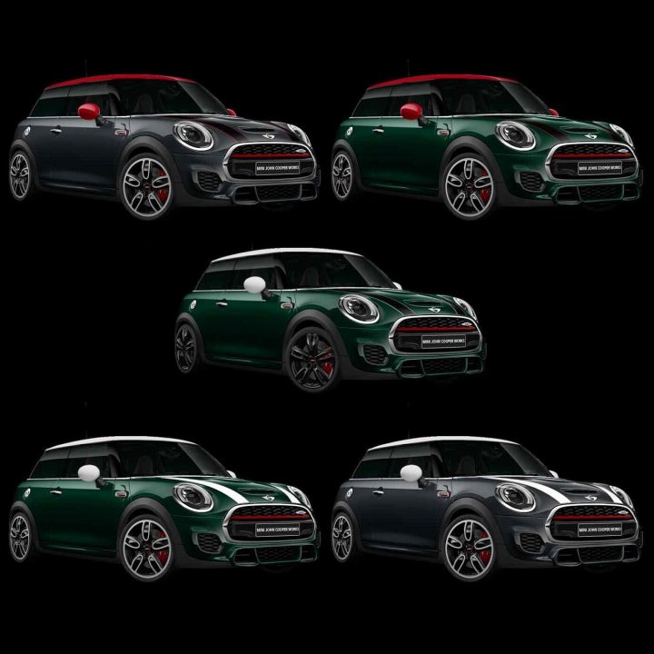 Anyone getting a F56 JCW? - Page 1 - New MINIs - PistonHeads - The image portrays four different views of the same car model, from the front, back, side, and four different whees. The car is a vibrant green color and the photos showcase its design and features. The focus is sharp, capturing the car's details like the headlights, taillights, and side mirrors. The image is presented in a clean, high-resolution setting, emphasizing the car's sleek and modern aesthetic.