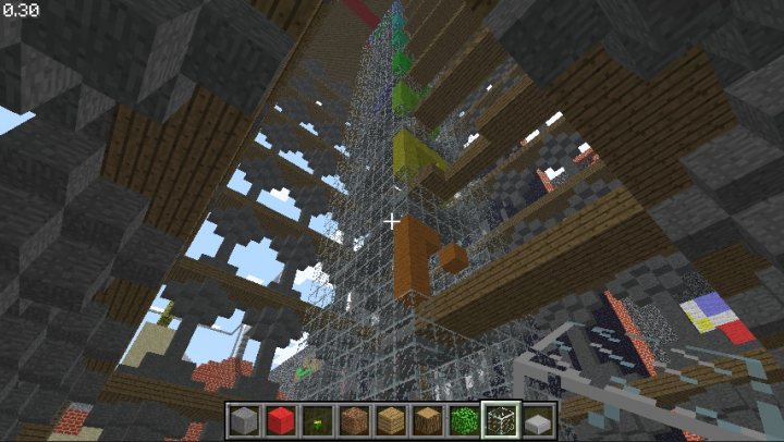 Turmhausjpg - This is a screenshot from a Minecraft game. The image shows a close-up view of the game's virtual landscape. It features a chaotic and seemingly broken down wooden structure or hallway, with a water-themed area at the top. The image also displays open sky windows and more cruel placement in the view. There's a scoreboard on the top left corner with the number "0.30" on it. It seems to be a random and unusual setup, possibly reflecting an unsaved, altered, or dramatic state within the game.