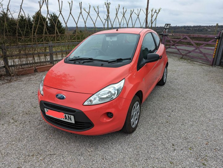 Pistonheads - The image shows a bright orange Ford Fiesta parked in a gravel lot. It's a small car with a compact design, featuring the recognizable emblem of the Ford brand on its front grille. The license plate of the vehicle is clearly visible. In the background, there is a rustic fence and a hint of greenery, suggesting a rural or semi-rural setting.