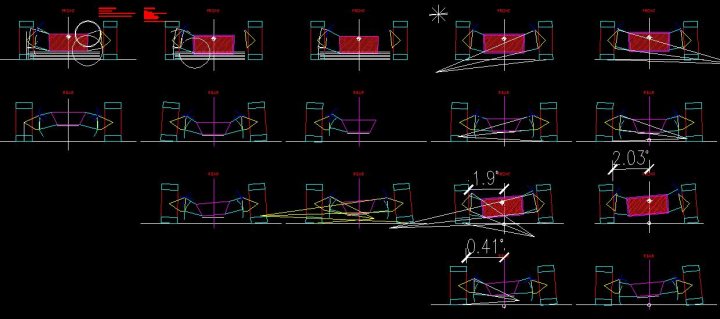 Measurements Chassis Pistonheads - The image is a schematic representation displaying 24 frames of a drawing in progress. The frames are presented as graphical lines and shapes, with the 22nd frame highlighting a page with a red rectangle, possibly indicating a stopping point or an important step in the drawing process. The style is technical and diagrammatic, typical of an engineering or drafting context.