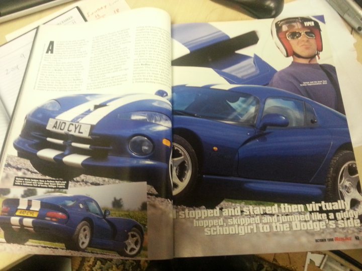 Redline Magazine - Page 1 - Vipers - PistonHeads - The image is split into two panels. The left panel shows a closed car hood with various colorful designs. The right panel features a vintage car with a blue exterior and a white roof. A man with sunglasses is positioned in the background, partially cut off by the edge of the image. There is text in the image that provides information about the designs on the car hood and the car being displayed. The headline reads "Stopped and Stared Then Virtually Hopped, Skipped And Jumped Schoolgirl to the Dodge's Side," which suggests a nostalgic association between the types of designs and their relevance to '60s cultural phenomena. The style of the image is a combination of automotive advertising with a retro, magazine-like layout.