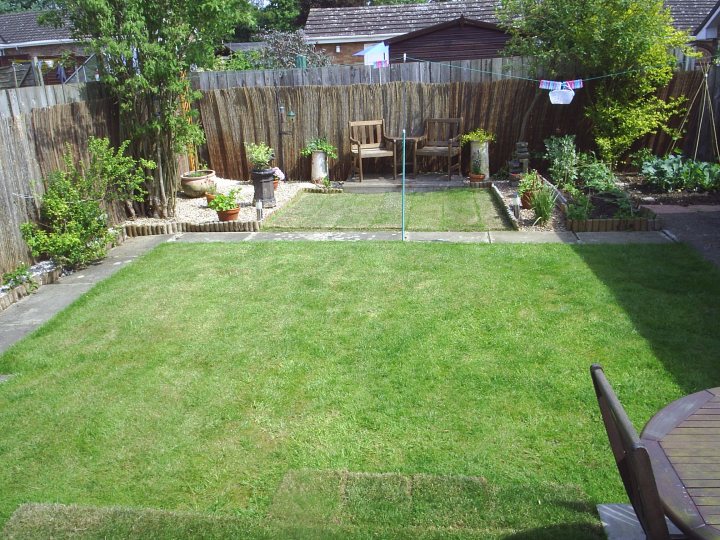 Our house renovation - lovely 1970's style decor - Page 1 - Homes, Gardens and DIY - PistonHeads - The image presents a serene garden backyard scene. The focal point of the scene is a large lawn, meticulously mowed to perfection. The lawn is surrounded by a wooden fence, providing a natural boundary for this peaceful space. On the left side of the image, a wooden table and chairs are neatly set up, inviting one to sit and enjoy the tranquility of the garden.

The backyard is further adorned with several potted plants, adding a touch of color and life to the area. A clothesline can be seen in the background, perhaps indicating that this space is used not only for relaxation but also for practical daily chores. A wooden deck is also visible on the right side of the image, suggesting a continuity of the wooden elements and adding depth to the scene. The overall image gives a sense of well-maintained outdoor living space.