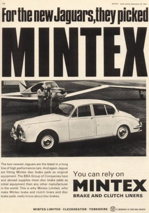 Pistonheads - The image is a newspaper advertisement for the Mintex brand. It prominently features a vintage car as the central visual element, symbolizing the product's ability to clean up old or dirty vehicles. The text of the advertisement mentions "for the new Jaguars," suggesting that Mintex is targeting car owners who might need cleaning products for their vehicles. Additionally, there's a mention of two new Jaguars cars being showcased at an airport, indicating that these cars are likely to be the ones featured in the advertisement or used as demonstration products. The overall layout and design of the advertisement suggest it was published during the mid-20th century, with a clear emphasis on the product's cleaning capabilities for various types of vehicles.