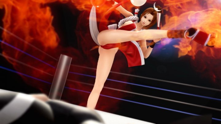 The image is a digital artwork featuring an animated female character in a dynamic pose. She is styled with long hair and has on a red and white bodysuit with feather elements, possibly resembling a costume. The character is placed in the center of the image, with her right leg extended outwards, suggesting movement, and she appears to be delivering a kick towards an unseen opponent. The woman's expression is somewhat intense, with a focused gaze that indicates she is concentrating on her fighting pose.

The background is filled with fiery flames that create a dramatic atmosphere, and to the left of the character, there seems to be a boundary. The image is likely meant to illustrate a scene from a video game, given its style and the presented action.