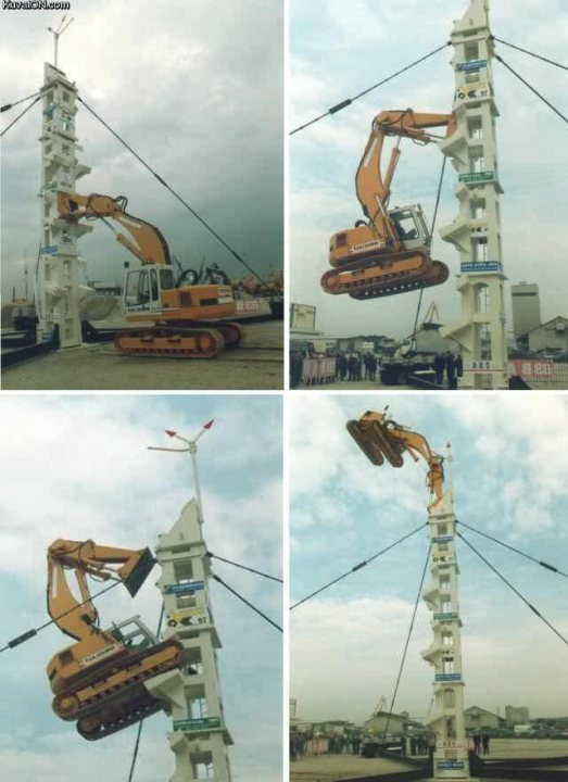 Pistonheads - The image depicts a humorous and surreal scene consisting of four pictures arranged in a two-row, two-column grid. In the top left, a large crane and excavator machine is built up to look like a telephone pole, with the tracks forming the image of a circular shape. The top right shows the crane being lifted and crashing into the structure, causing the wooden telephone pole to split open. The bottom left displays a similar scene with the crane now stopped in mid-air, seemingly just before the catastrophic fall. An interesting twist is introduced in the bottom right, where the telephone pole is now identical to the crane itself, suggesting the crane was not just repairing the pole but transforming it into its own structure. The background of all four pictures shows a construction site, hinting at the possibility of a continuous, disastrous construction project.