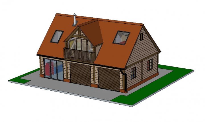 Rough costs - Triple garage with living accommodation above - Page 4 - Homes, Gardens and DIY - PistonHeads - This image features a Computer-Aided Design (CAD) rendering of a charming wood house with a single chimney at the center. The house has a sloped roof with resting spaces for seating, a prominent bowing over the front entrance, and various windows of different sizes dispersed across both floors. The sky appears clear, emphasizing the brightness and simple sophisticated design of the house. This CAD model is likely used for architectural visualization or planning.